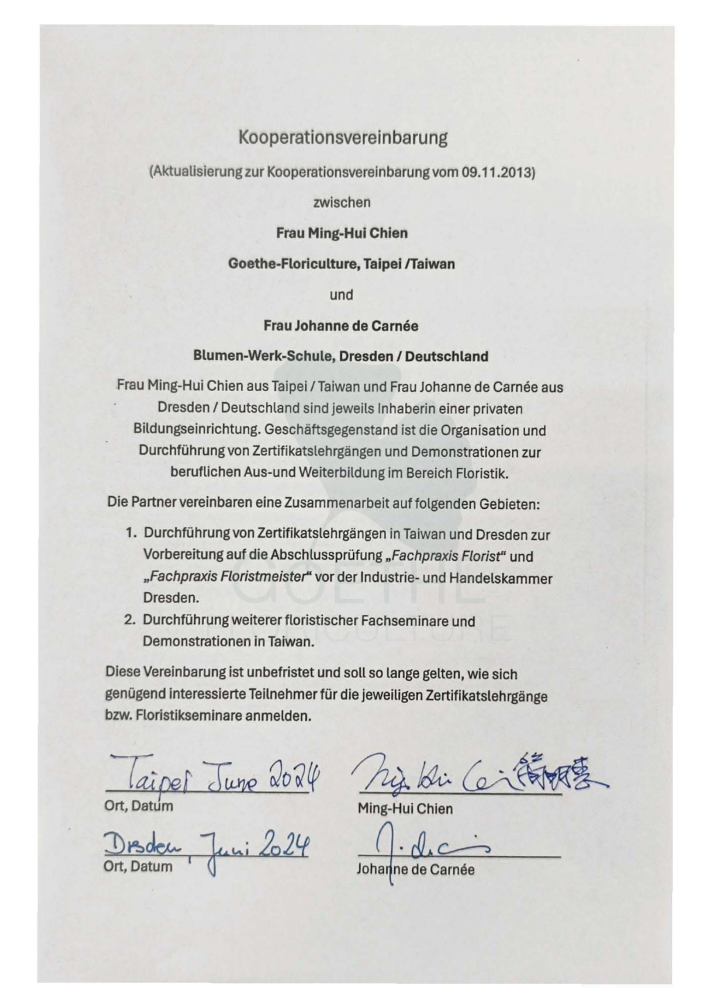 International Cooperation Agreement: Goethe-Floriculture (Taiwan) & Blumen-Werk-Schule (Germany)